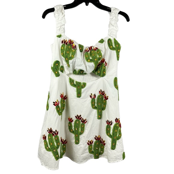 Queen of Sparkles Cutout Fuzzy Cactus Mini Dress Tie Back White & Green S - Picture 2 of 7